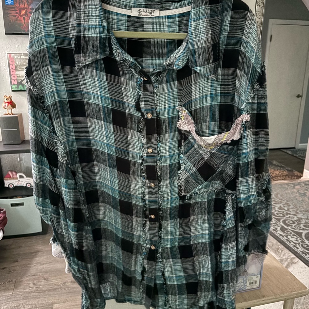 Free People Green and Black Plaid Button Down Shirt